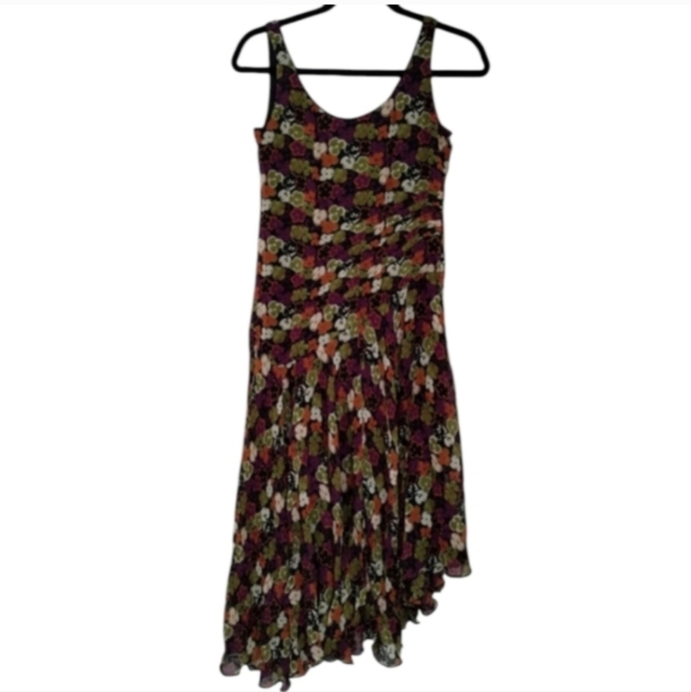 Vintage 90s Jones New York 100% Silk Midi Floral Dress Size 6P Asymmetrical Hem